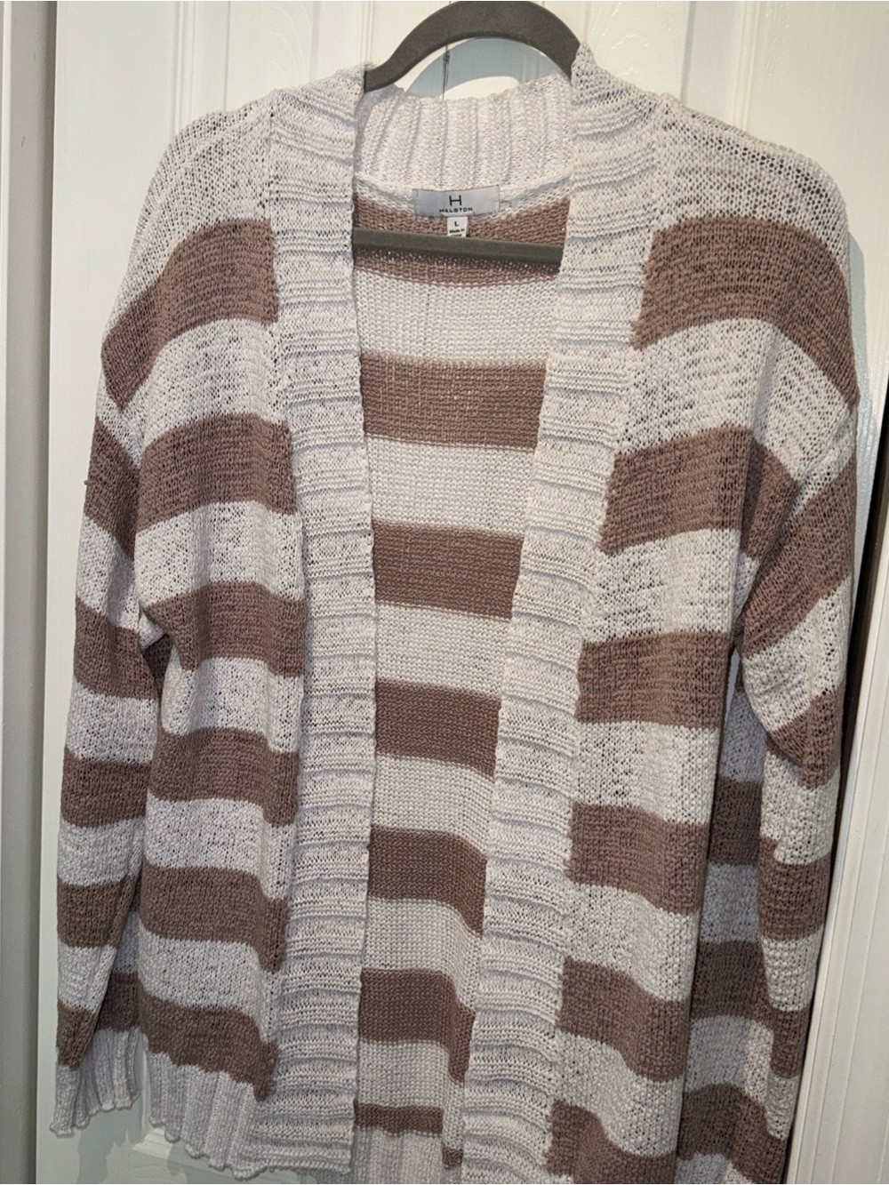 Halston Heritage Striped Open-Front Cardigan - Taupe & Cream